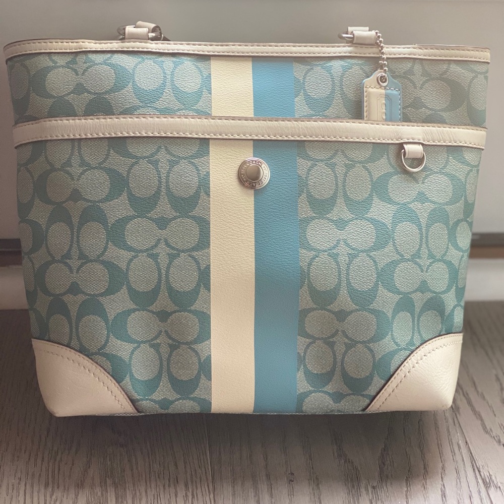 Coach Chelsea Heritage blue-stripe tote.